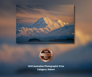 Mountain landscape with a 2025 Australian Photographic Prize badge for Nature category.