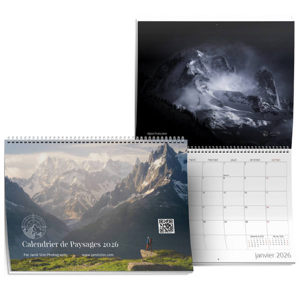 Two calendar designs featuring mountain landscapes with a QR code on the front cover by Jamil Slim Photography