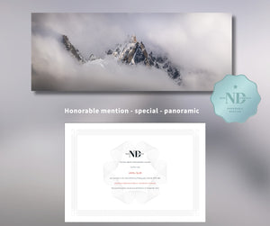 Panoramic mountain landscape with an honorable mention certificate on a gray background