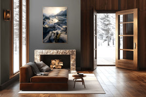 Modern living room with a fireplace, sofa, and large windows showing a snowy landscape.
