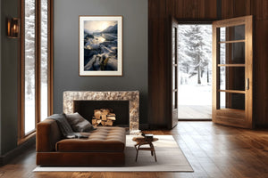Modern living room with a fireplace, sofa, and scenic wall art.