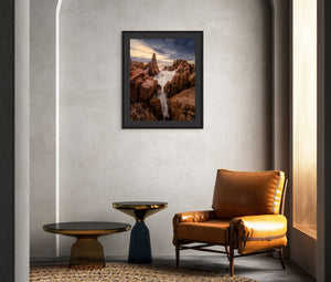 Tides of Times fine art landscape print framed above leather armchair – Jamil Slim Photography